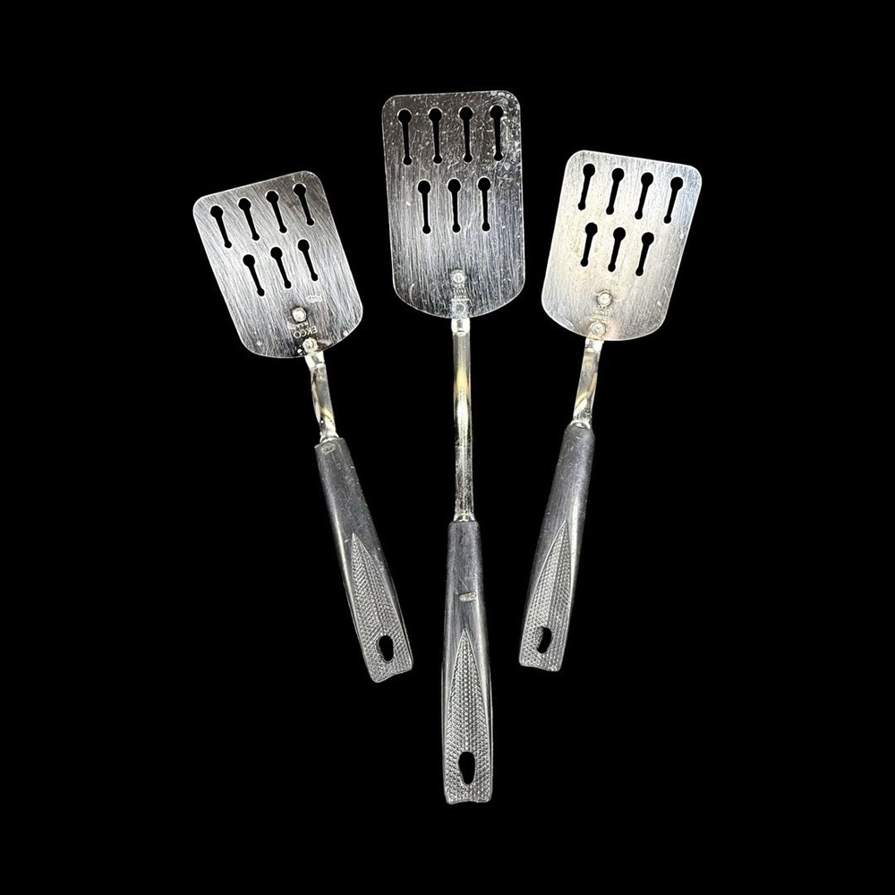 EKCO Keyhole Slotted Spatula Chrome Finish Black Handle MCM Vintage 10" & 12"